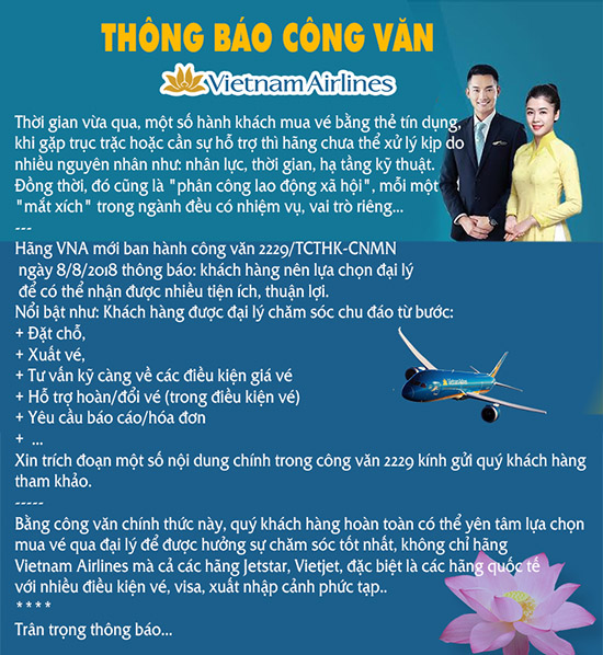 Công văn thông báo của Vietnam Airlines khuyến khích đặt vé tại đại lý