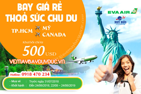 Eva Air khuyến mãi vé khứ hồi đi Mỹ, Canada 500 USD