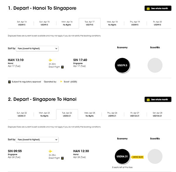 Giá vé Scoot chặng Sài Gòn và Hà Nội đi Singapore tháng 4