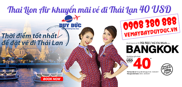Thai Lion Air khuyến mãi vé đi Thái Lan 40 USD