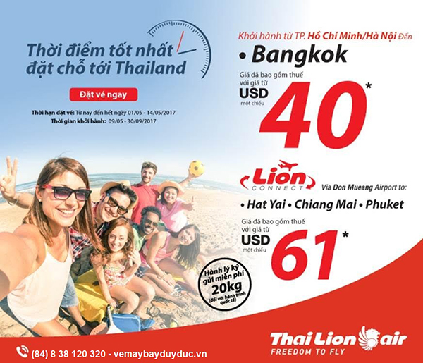 Thai Lion Air khuyến mãi giữa năm đi Bangkok 35 USD