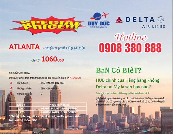 Delta Airlines khuyến mãi vé đến Atlanta 1060 USD