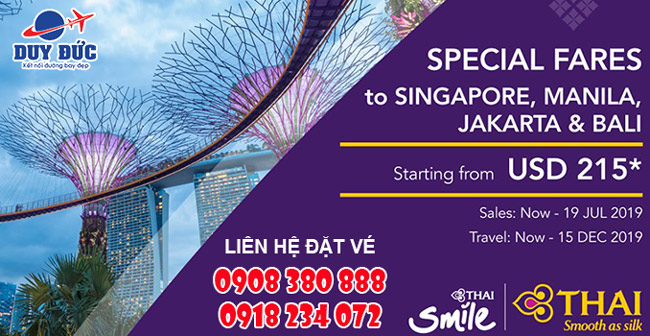 Thai Airways ưu đãi vé đi Singapore, Manila, Jakarta và Bali