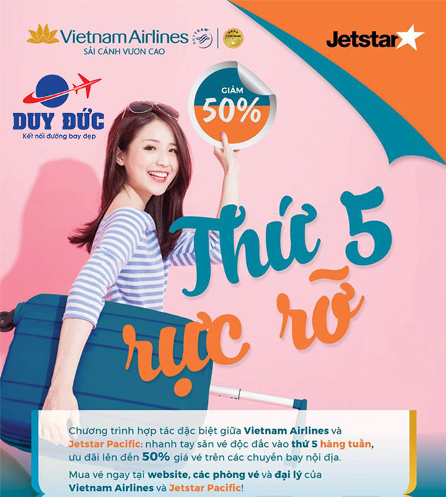 Săn vé nội địa giảm giá 50% ngày thứ 5 của Vietnam Airlines và Jetstar