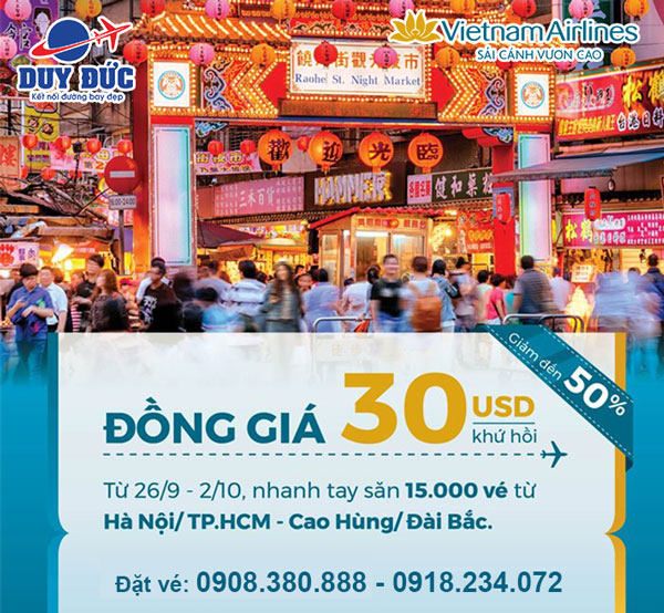 Vietnam Airlines ưu đãi đồng giá chỉ 30 USD đi Đài Loan