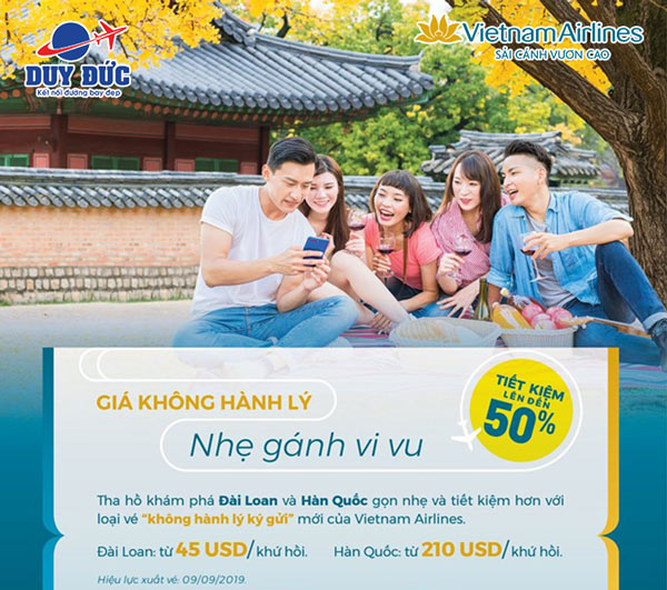 Vietnam Airlines ưu đãi giá vé không hành lý đi Hàn Quốc, Đài Loan