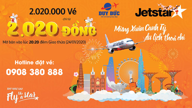 Jetstar mở bán 2.020.000 vé máy bay giá từ 2.020 đồng đêm giao thừa