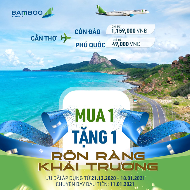 Bamboo Airways mở bán đường bay Cần Thơ - Côn Đảo và Cần Thơ - Phú Quốc